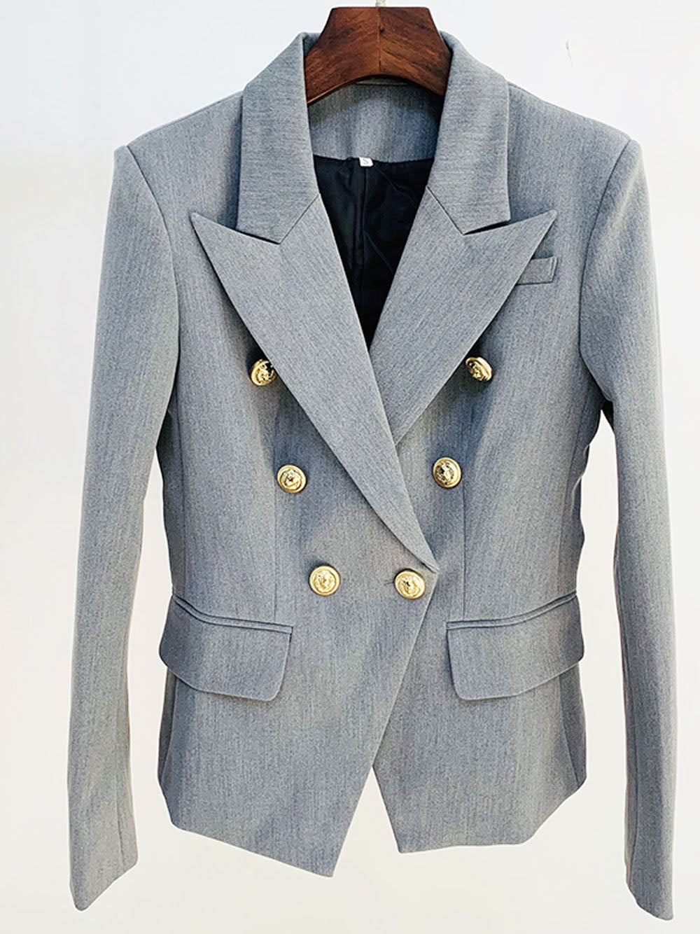 Gray Peak Lapel Gold Button Double Breasted Fitted Blazer