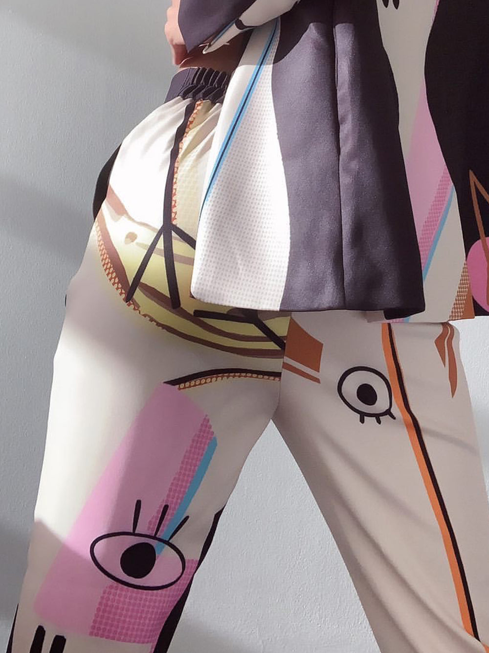 Notched Lapel Abstract Face Print Blazer Pants Set