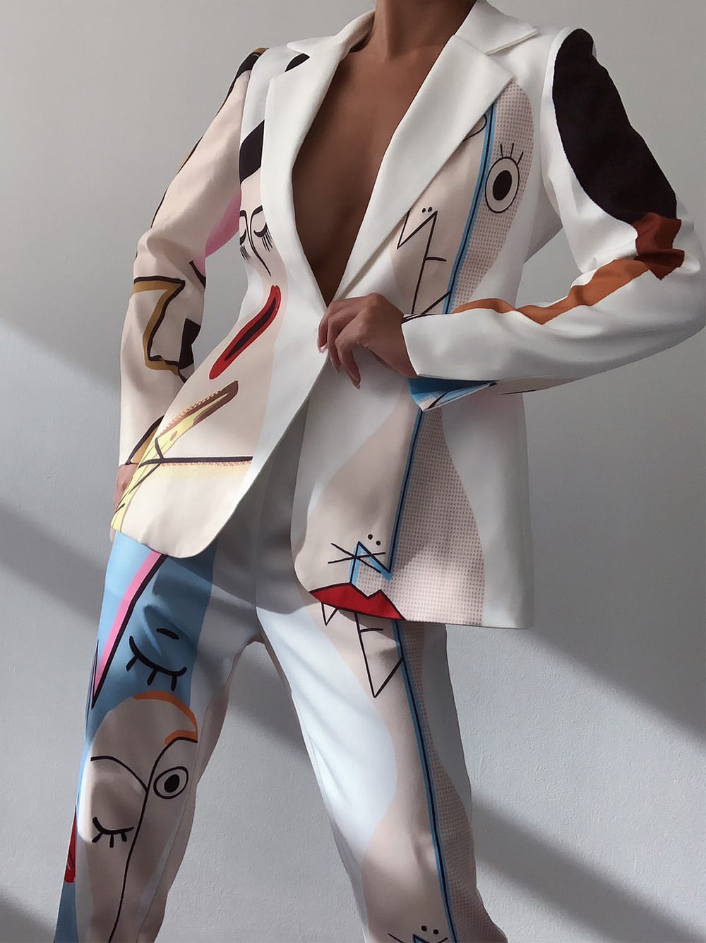 Notched Lapel Abstract Face Print Blazer Pants Set