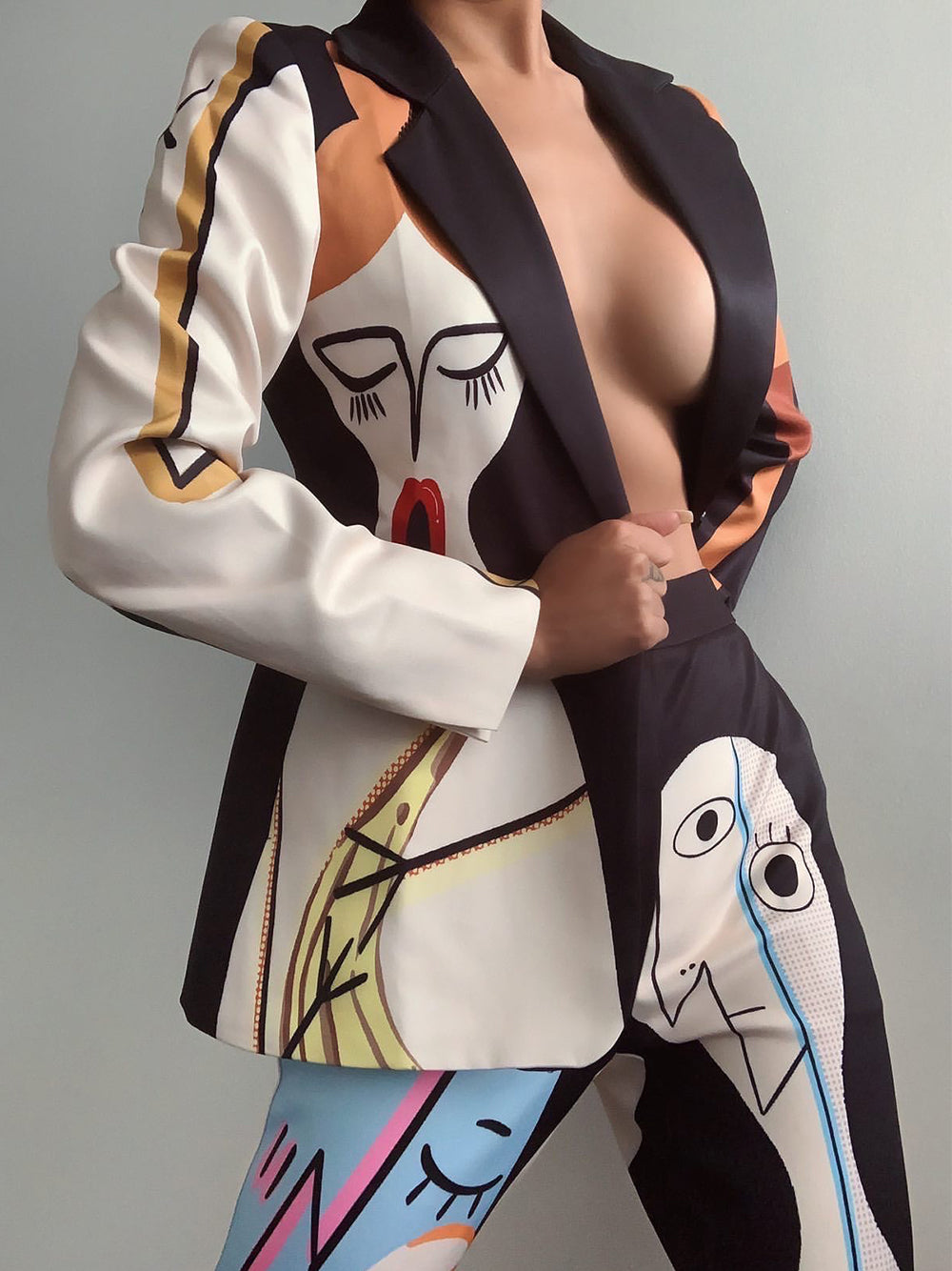 Colorblock Abstract Face Print Notch Lapel Blazer Pants Set 16