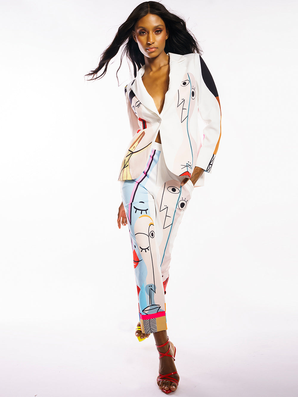 Notched Lapel Abstract Face Print Blazer Pants Set