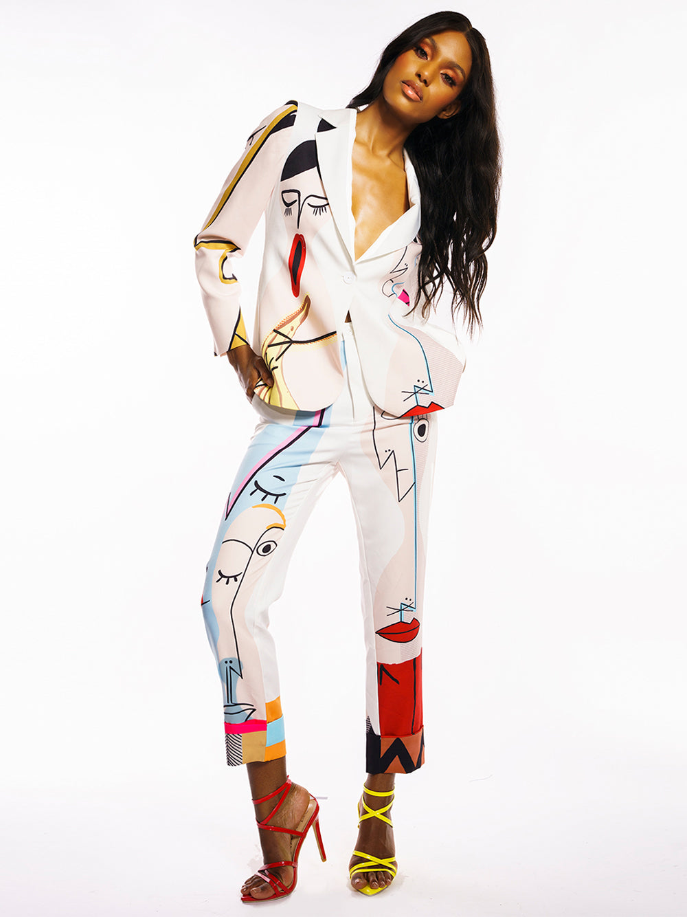 Colorblock Abstract Face Print Notch Lapel Blazer Pants Set 24
