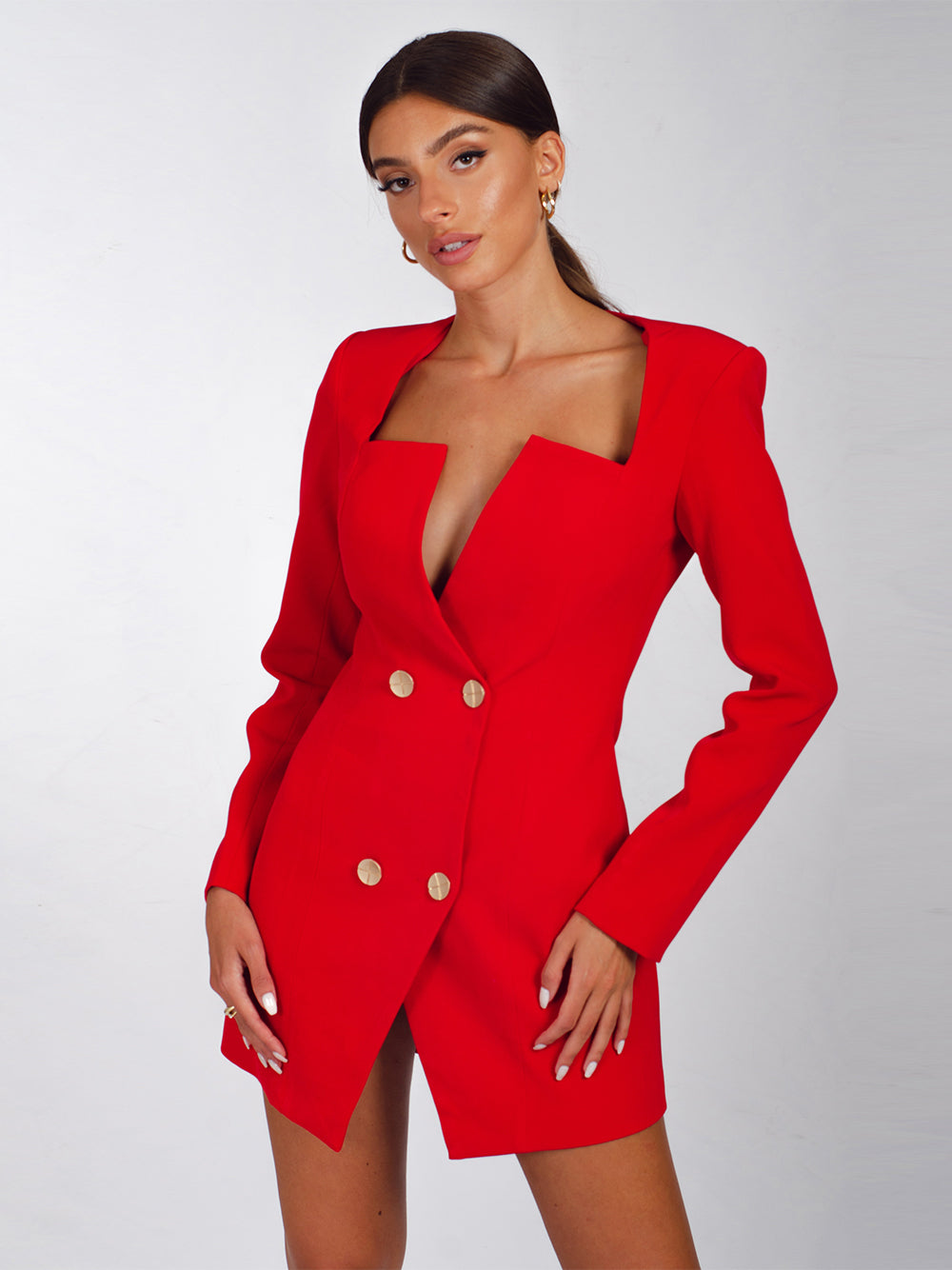 Red Plunge Neck Long Sleeve Gold Button Blazer Mini Dress