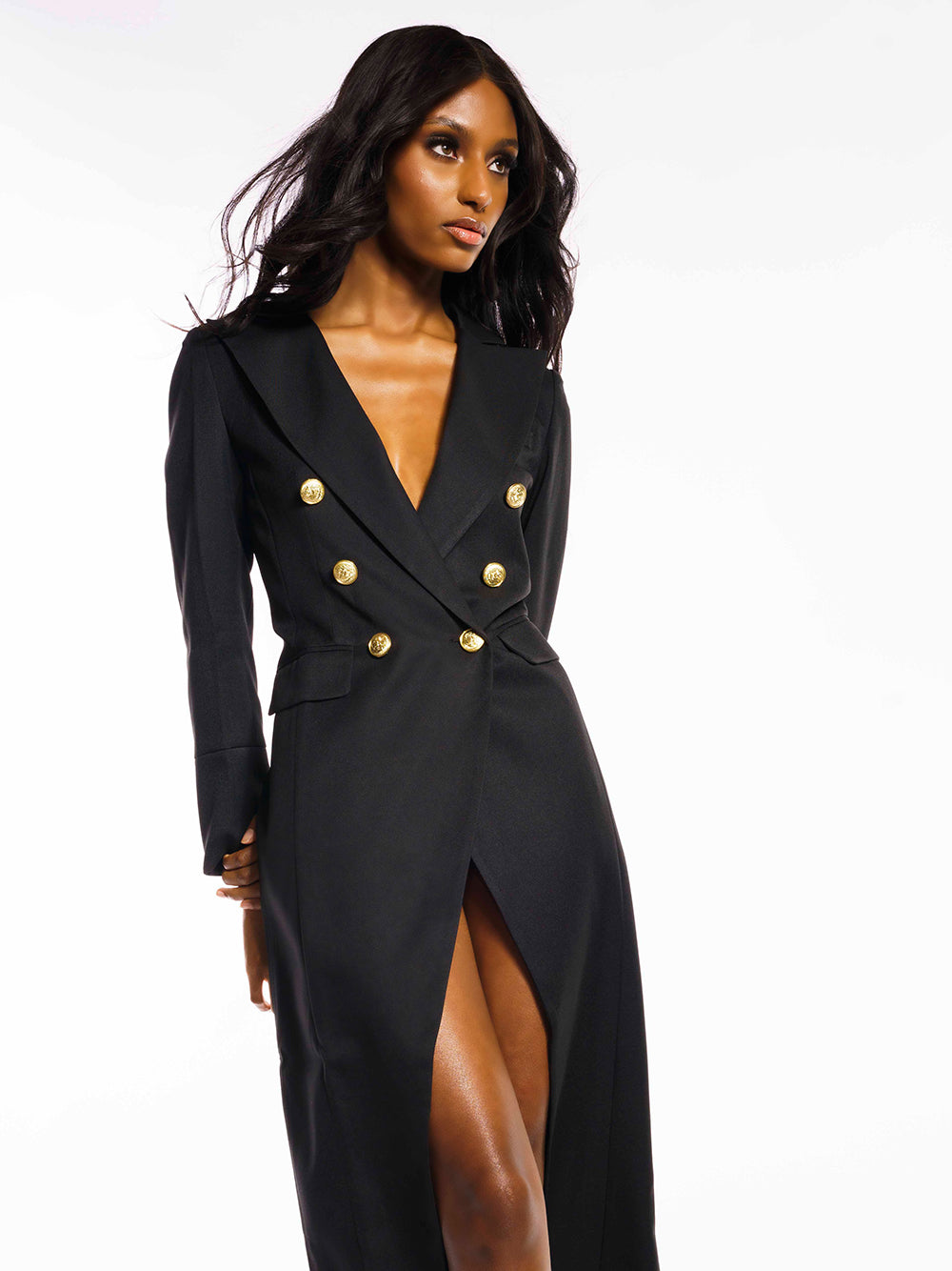 Black Peak Lapel Double Breasted Gold Button High Slit Blazer Maxi Dress 8