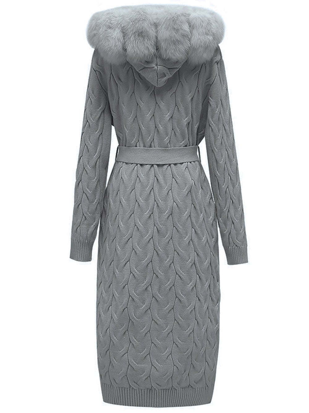 Fur Trim Belted Cable Knit Longline Cardigan 12