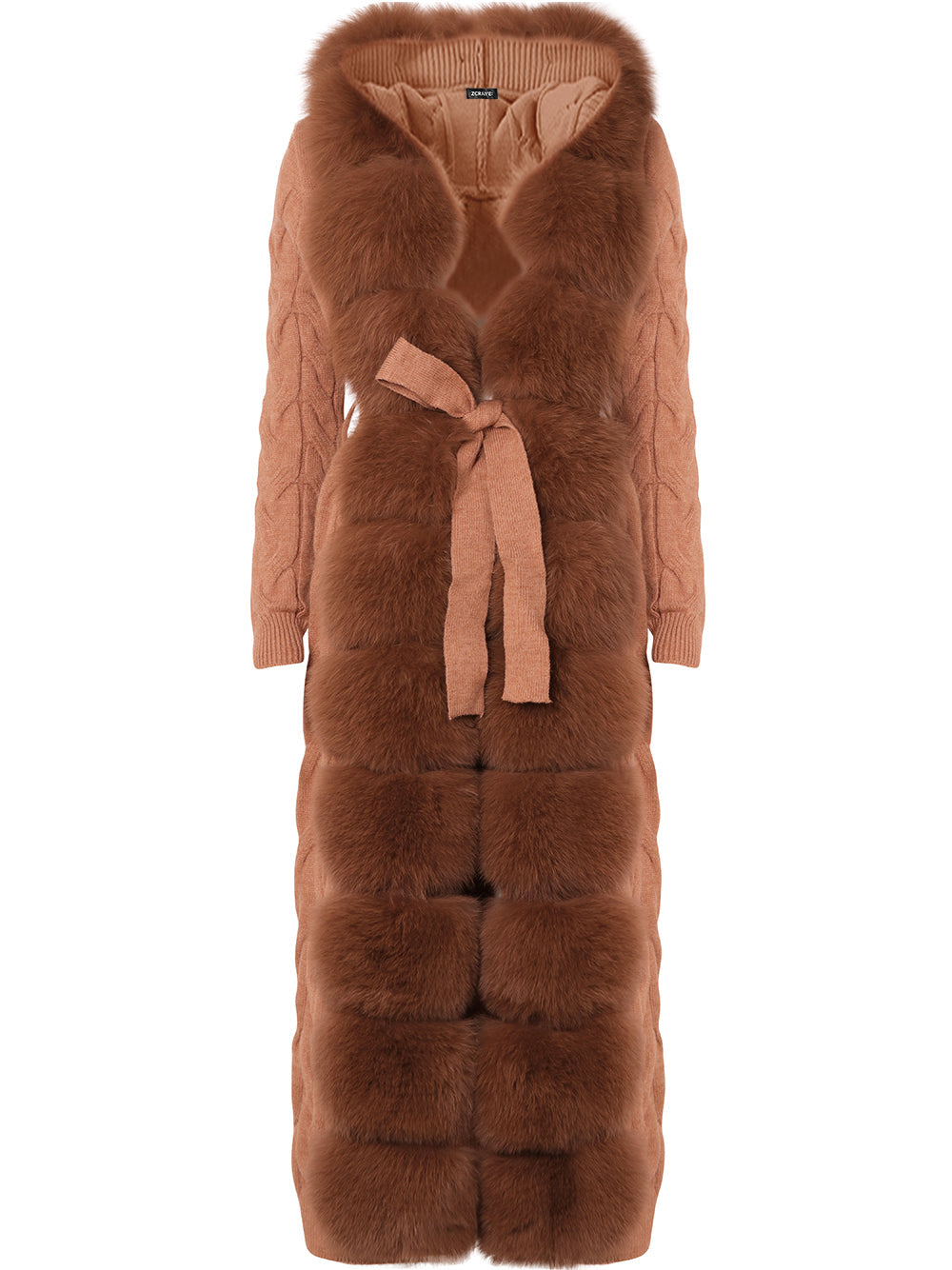 Fur Trim Belted Cable Knit Longline Cardigan 14