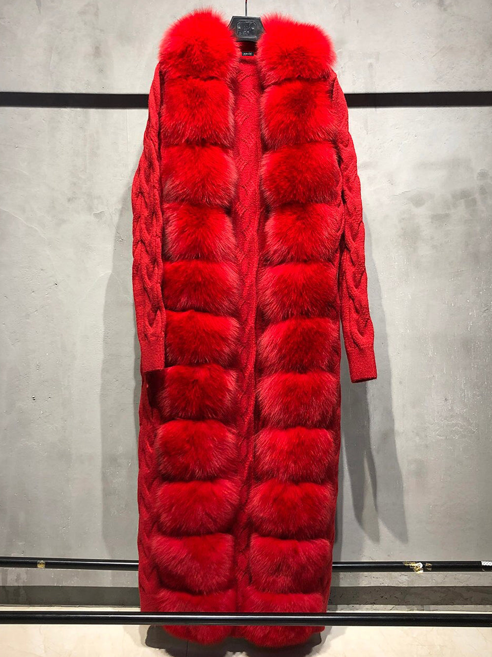 Red Fur Trim Cable Knit Longline Cardigan 5