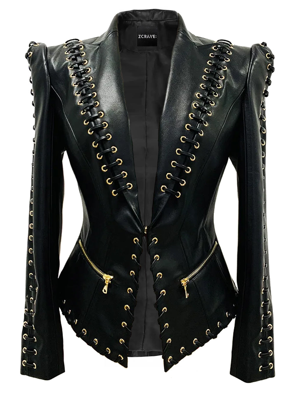 Black Lace-Up Eyelet Deep Plunge Long Sleeve Leather Blazer