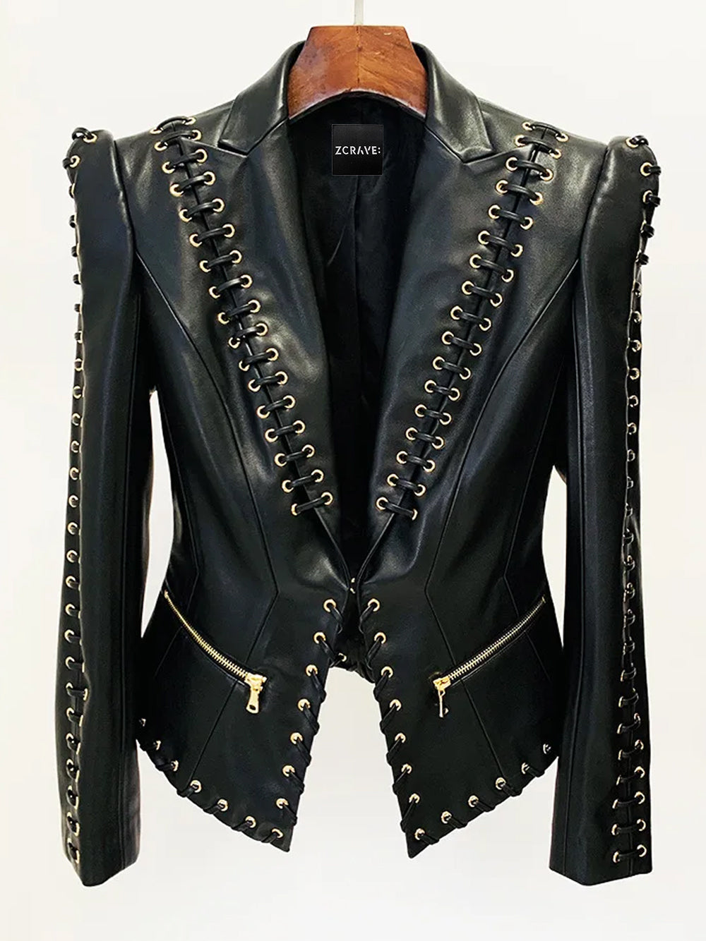 Black Lace-Up Eyelet Deep Plunge Long Sleeve Leather Blazer