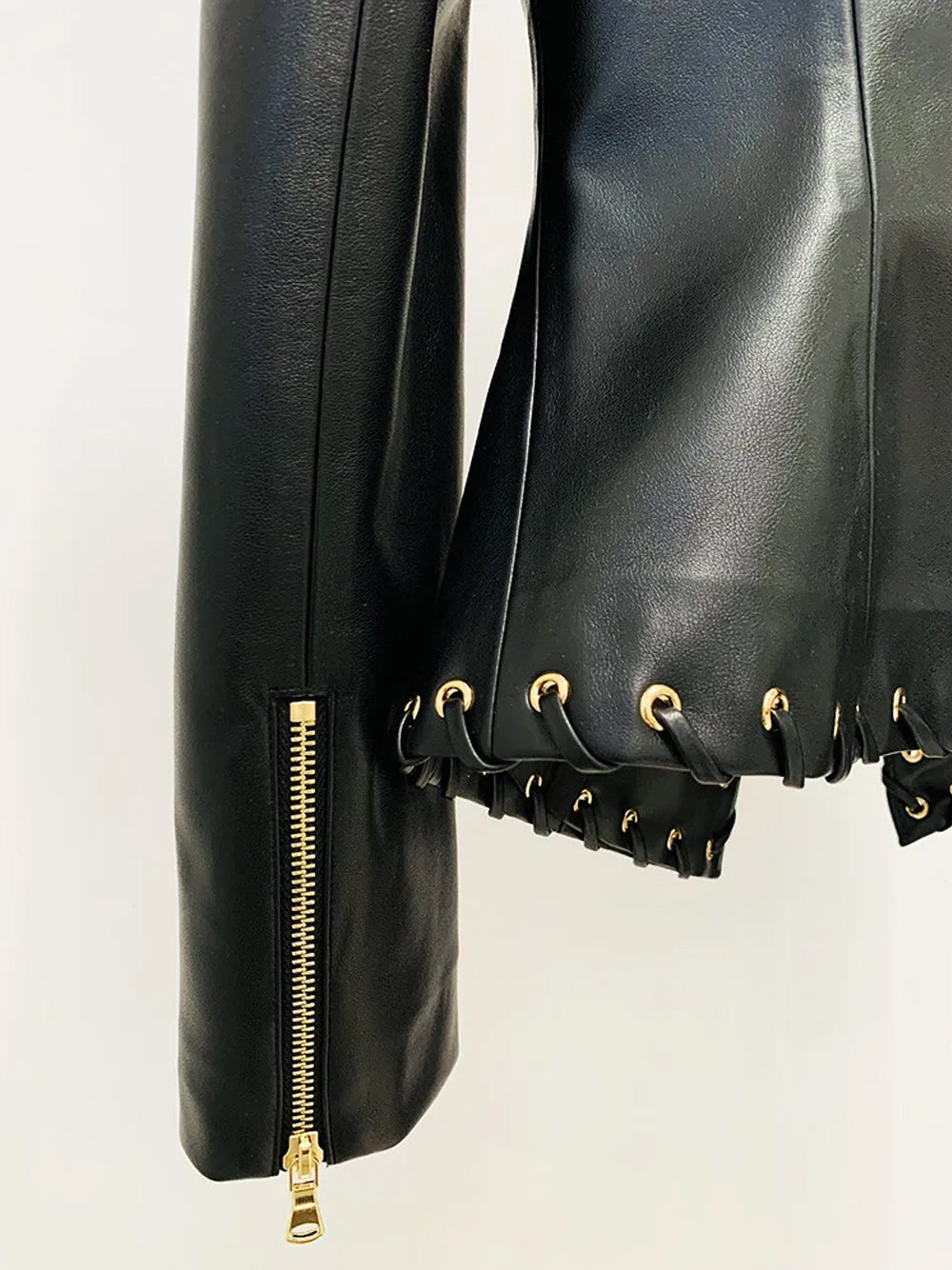 Black Lace-Up Eyelet Deep Plunge Long Sleeve Leather Blazer