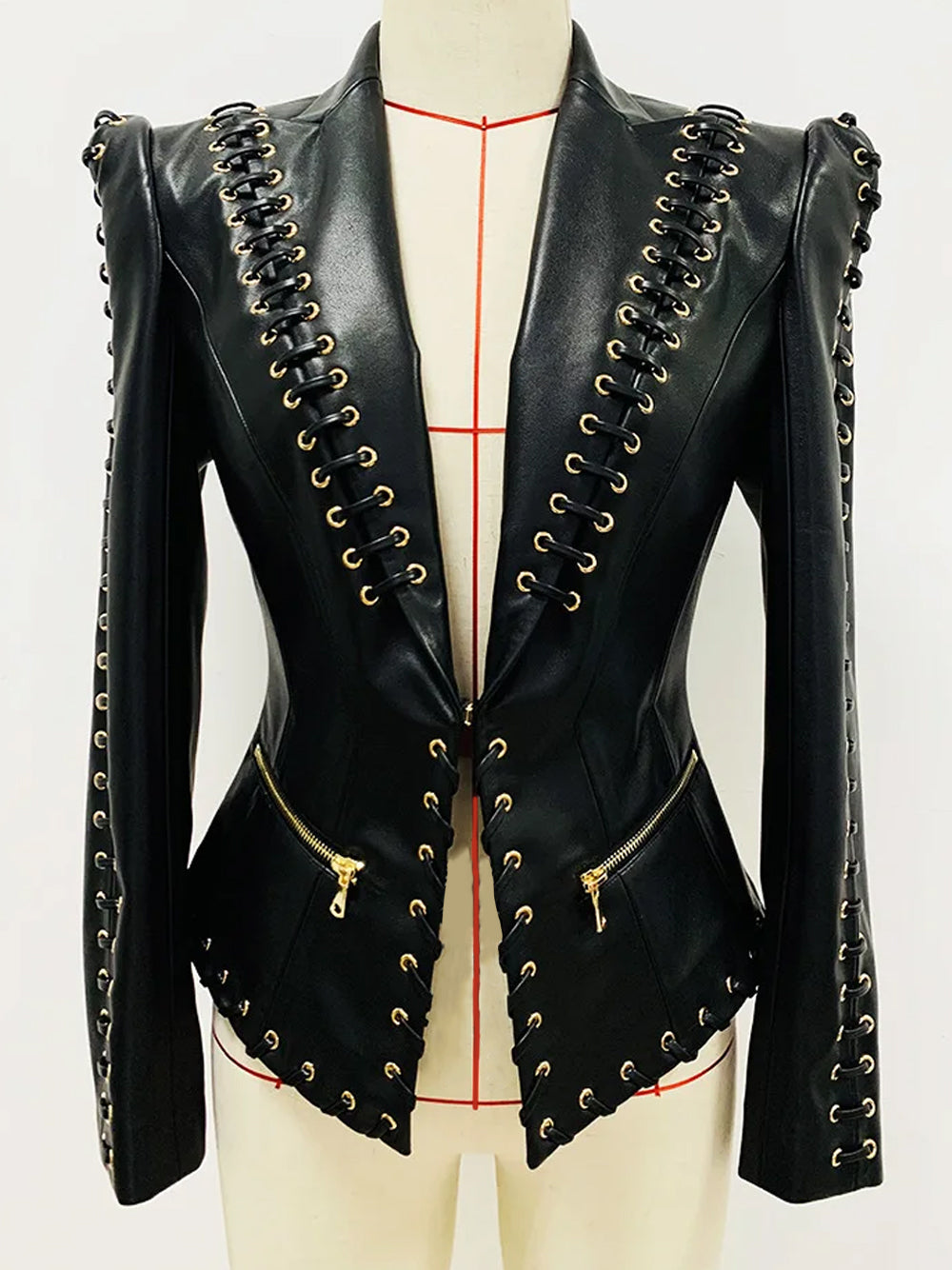 Black Lace-Up Eyelet Deep Plunge Long Sleeve Leather Blazer