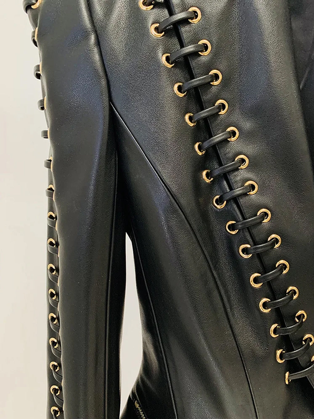 Black Lace-Up Eyelet Deep Plunge Long Sleeve Leather Blazer