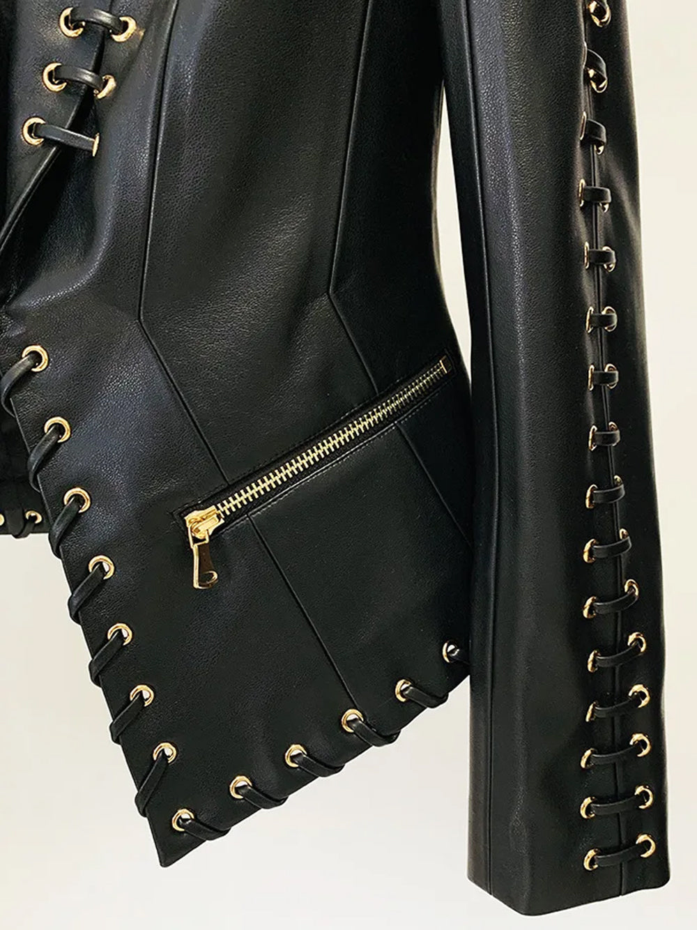 Black Lace-Up Eyelet Deep Plunge Long Sleeve Leather Blazer