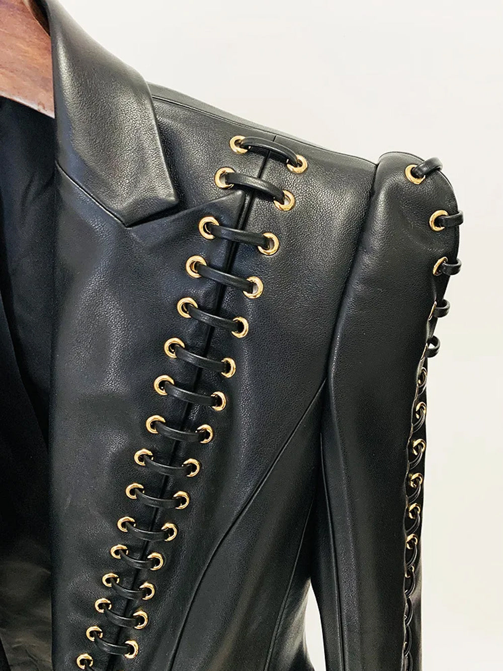Black Lace-Up Eyelet Deep Plunge Long Sleeve Leather Blazer