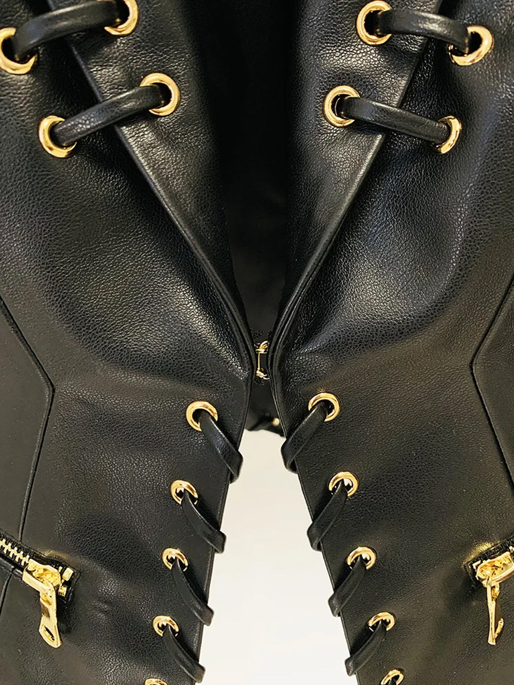 Black Lace-Up Eyelet Deep Plunge Long Sleeve Leather Blazer