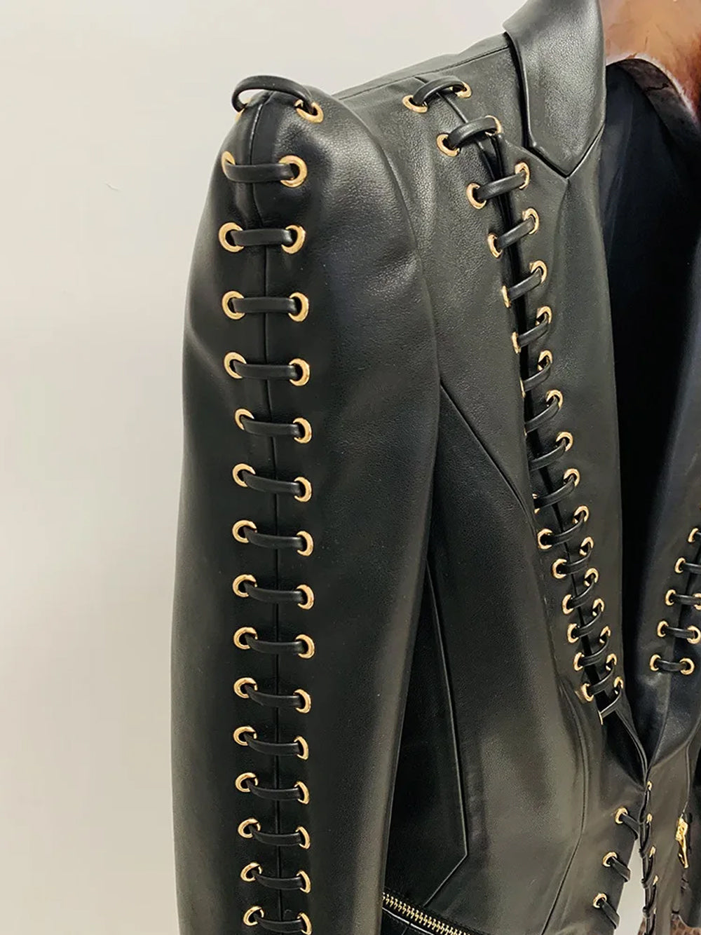 Black Lace-Up Eyelet Deep Plunge Long Sleeve Leather Blazer