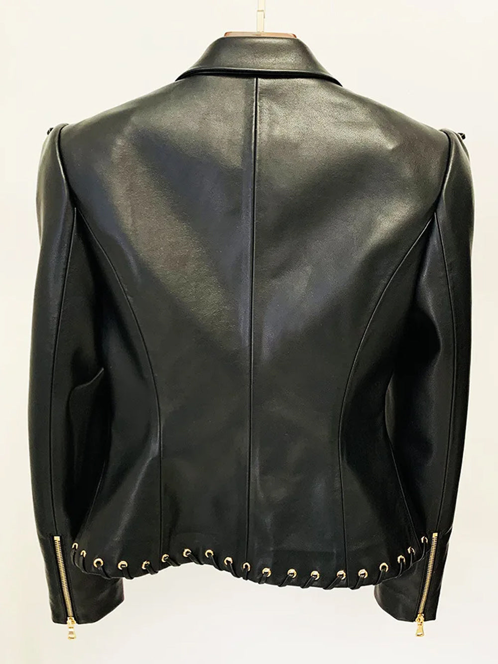 Black Lace-Up Eyelet Deep Plunge Long Sleeve Leather Blazer