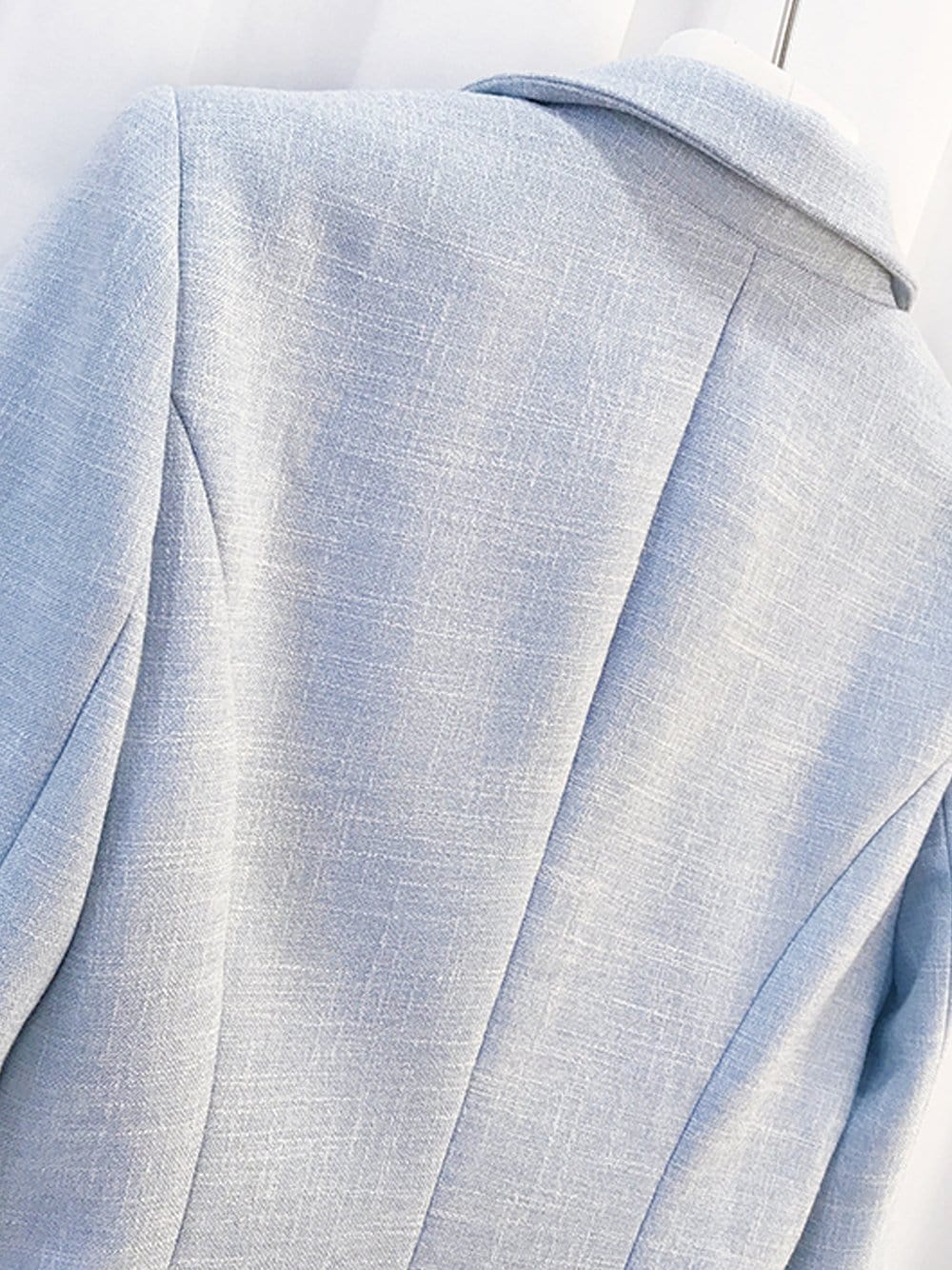 Light Blue Peak Lapel Silver Button Double-Breasted Tweed Blazer