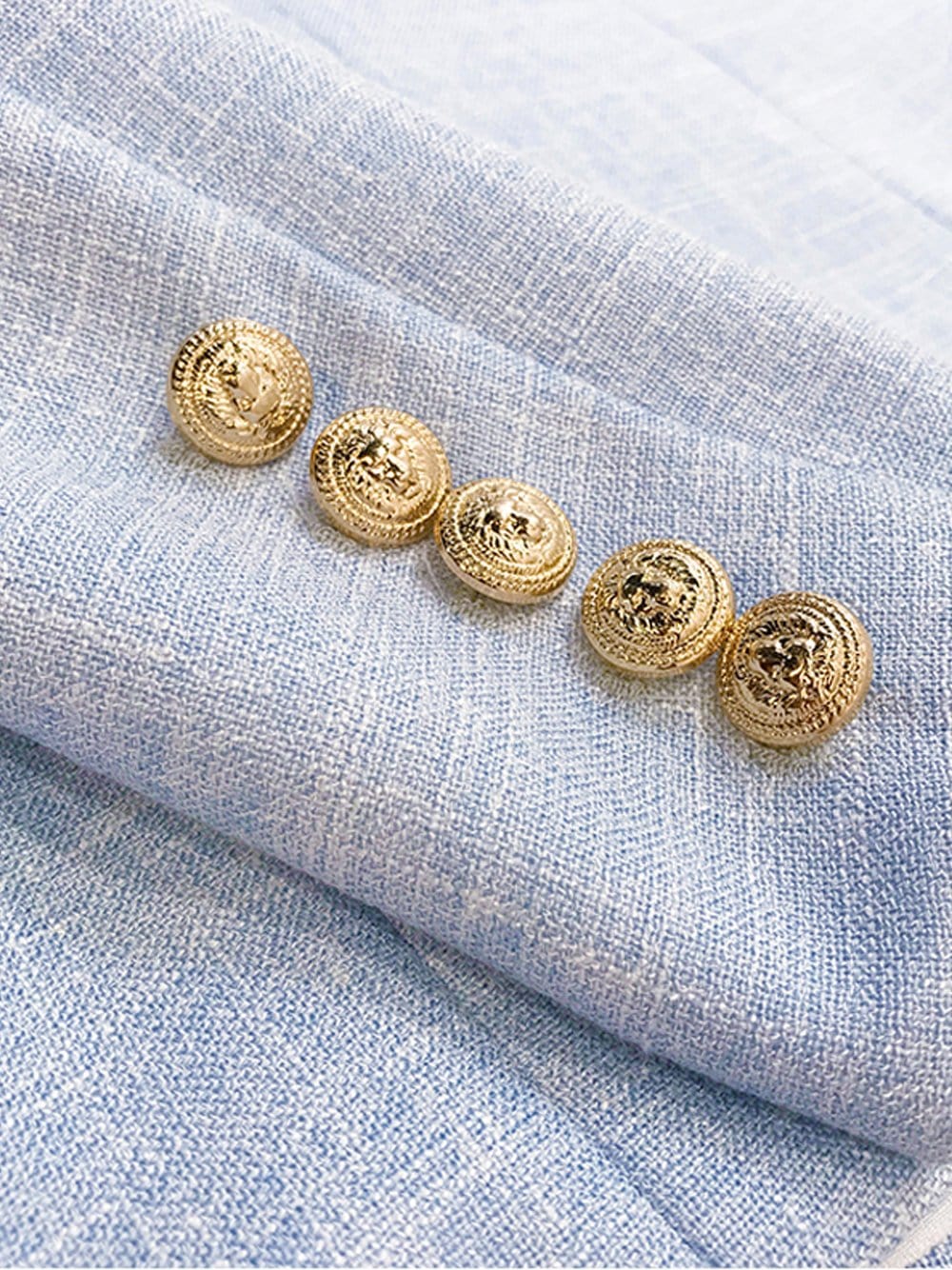 Light Blue Peak Lapel Gold Button Double-Breasted Tweed Blazer 8