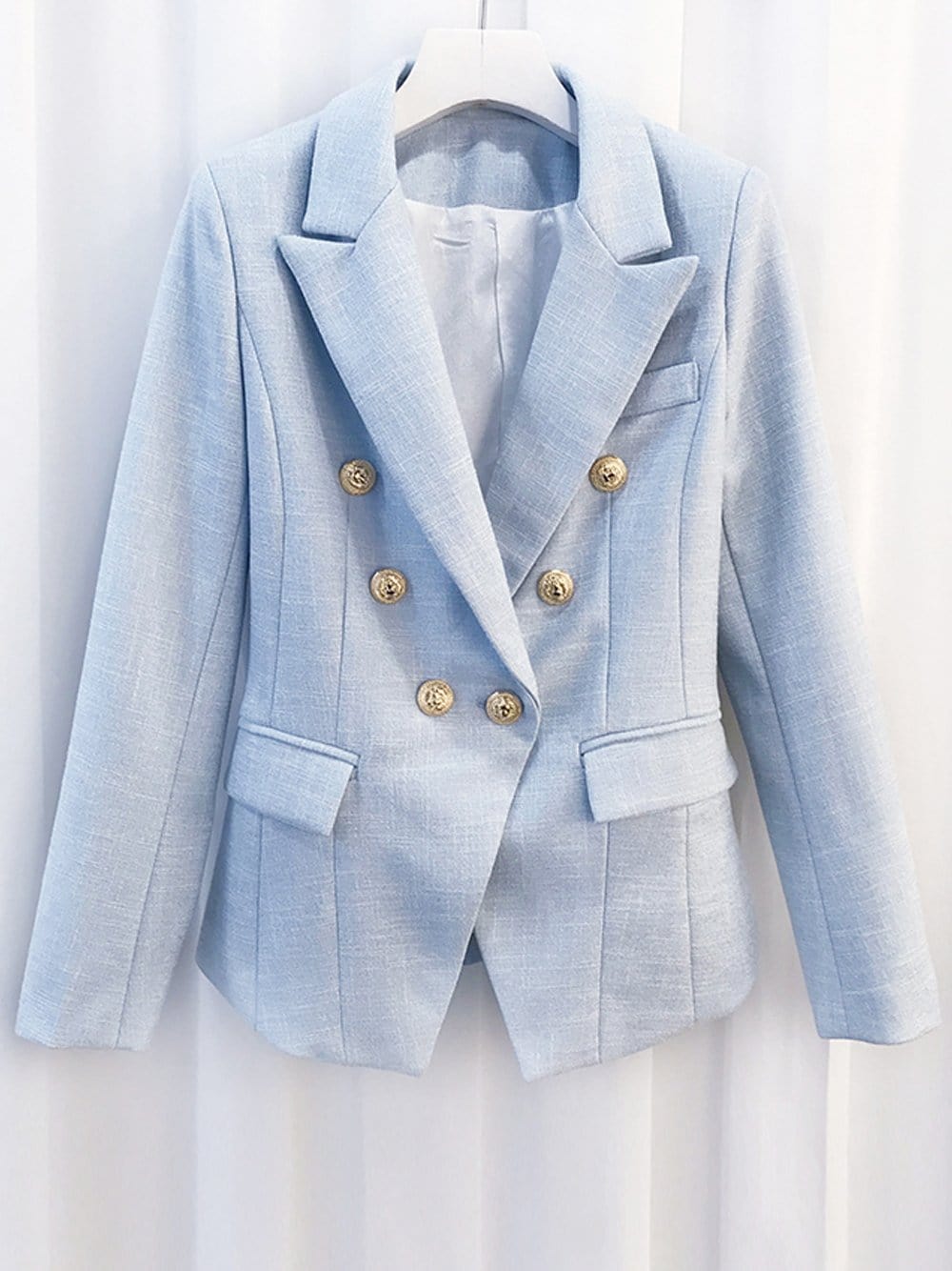 Light Blue Peak Lapel Silver Button Double-Breasted Tweed Blazer