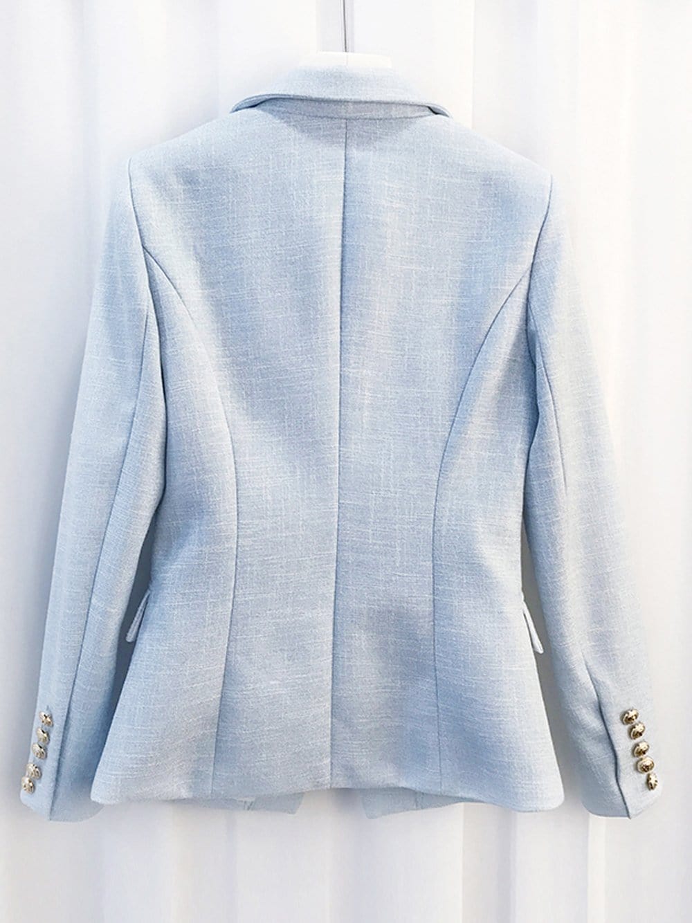 Light Blue Peak Lapel Gold Button Double-Breasted Tweed Blazer 7