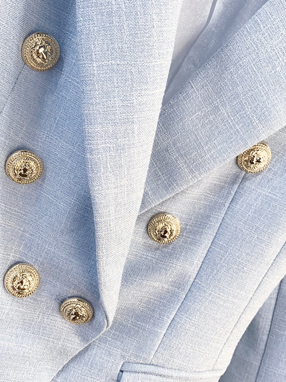Light Blue Peak Lapel Gold Button Double-Breasted Tweed Blazer 5