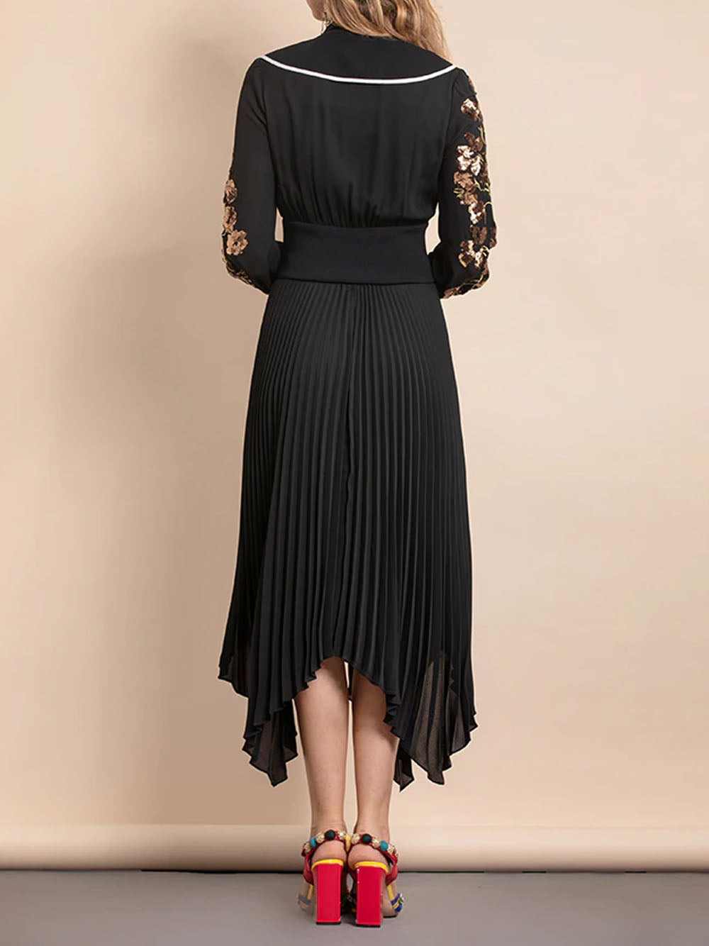 Black Tie Neck Floral Embroidered Sleeve Pleated Handkerchief Hem Maxi Dress 6