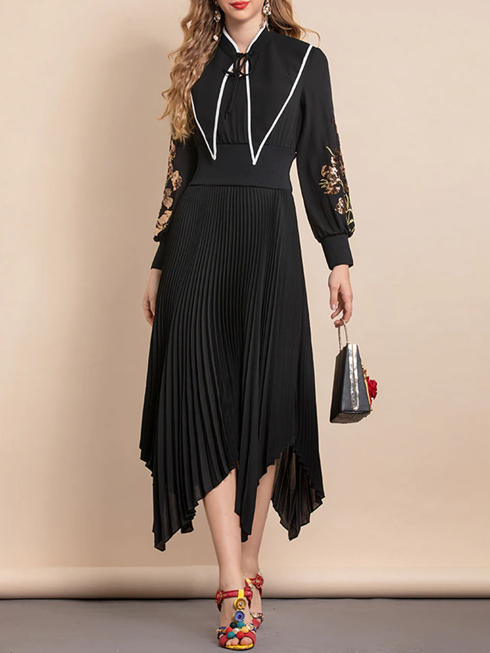 Black Tie Neck Floral Embroidered Sleeve Pleated Handkerchief Hem Maxi Dress 4