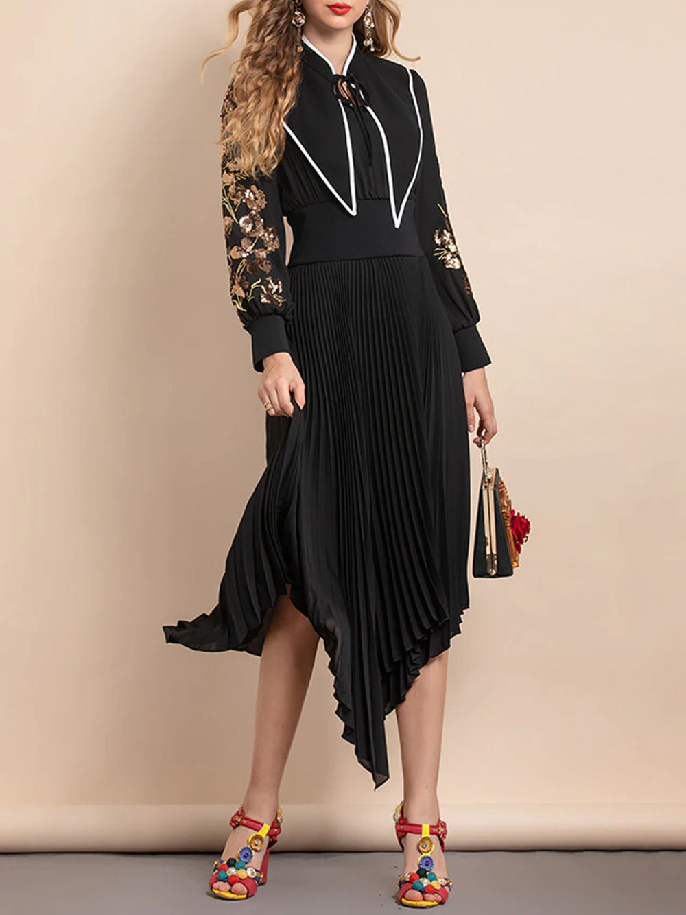 Black Tie Neck Floral Embroidered Sleeve Pleated Handkerchief Hem Maxi Dress 5