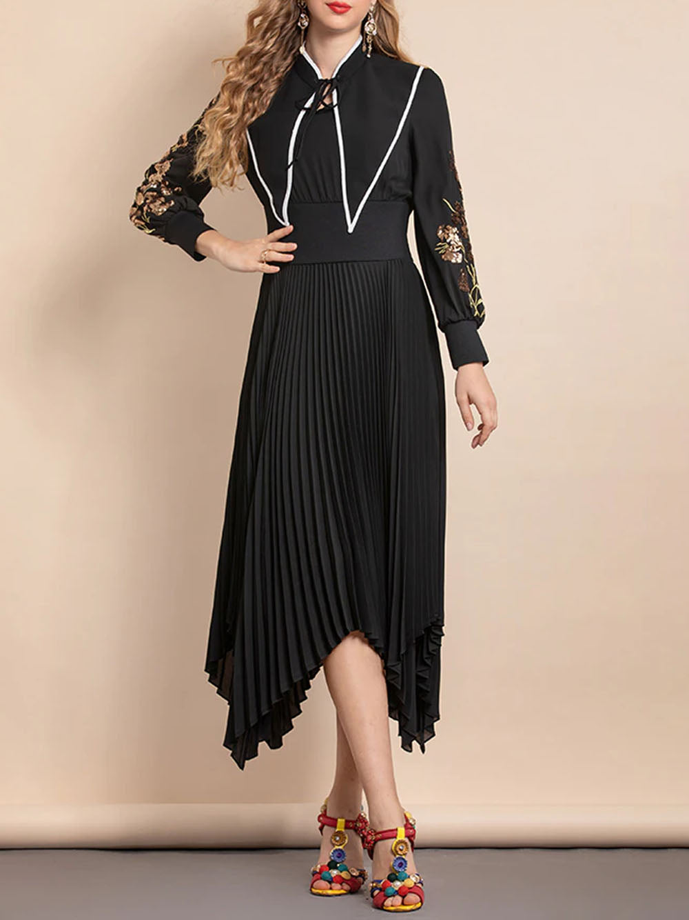 Black Tie Neck Floral Embroidered Sleeve Pleated Handkerchief Hem Maxi Dress 7