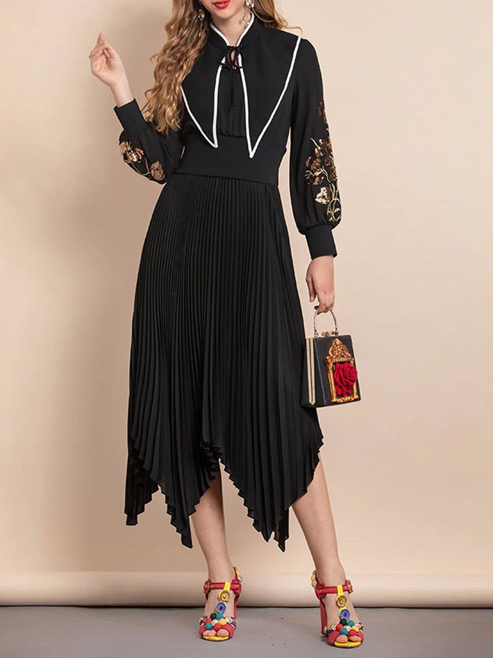 Black Tie Neck Floral Embroidered Sleeve Pleated Handkerchief Hem Maxi Dress 3