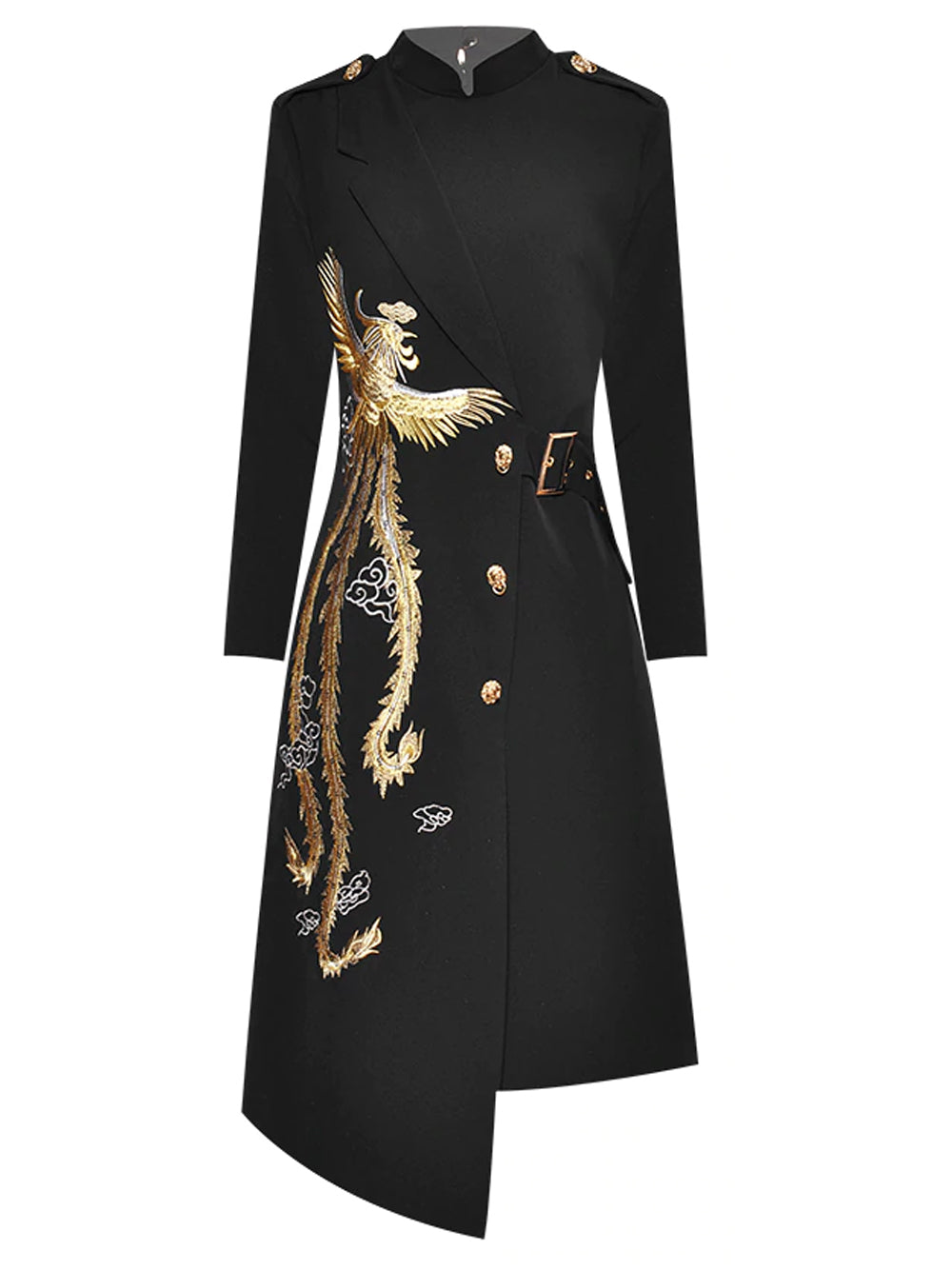 Black Stand Collar Long Sleeve Phoenix Embroidery Belted Asymmetrical Midi Dress
