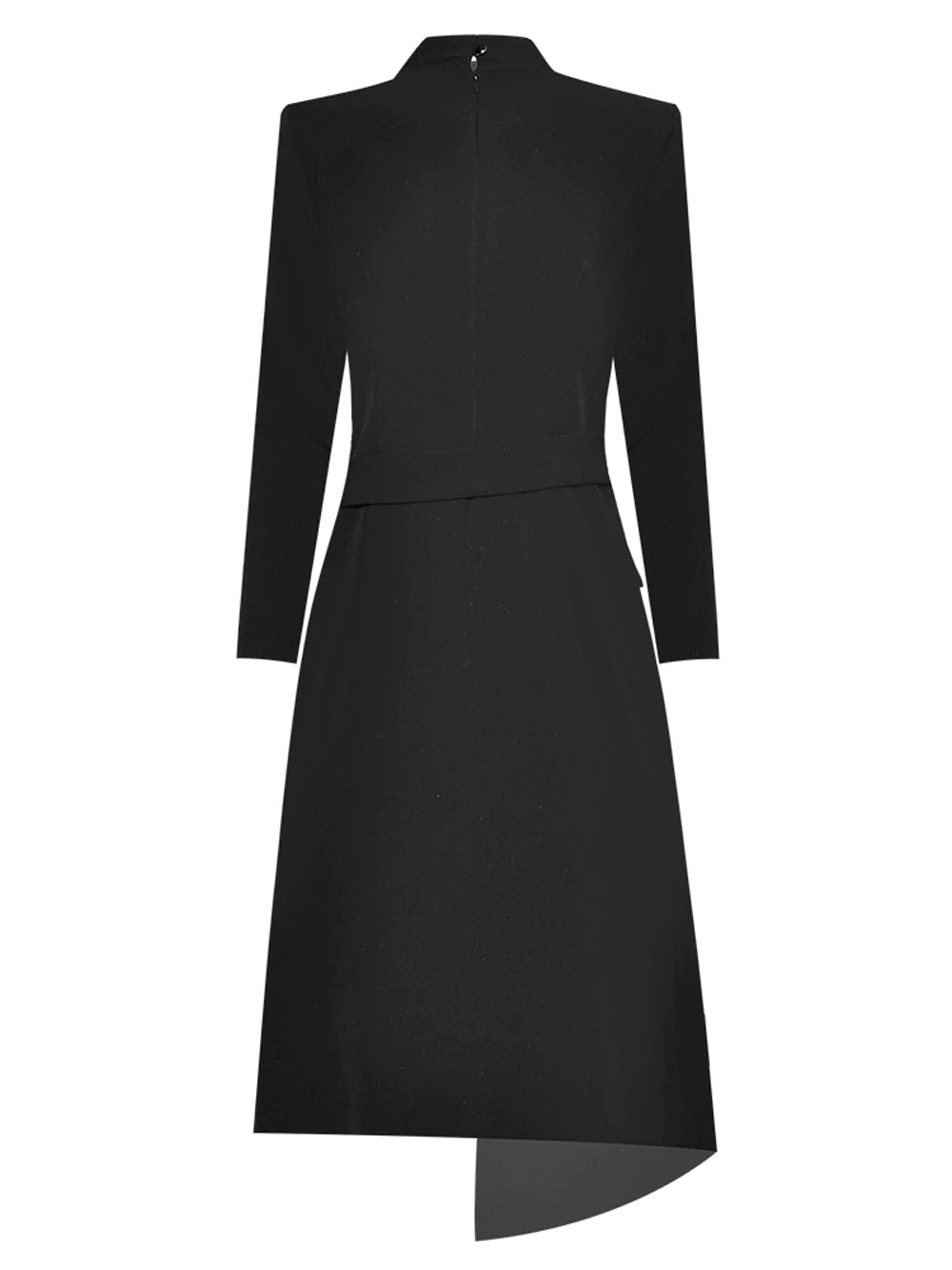 Black Stand Collar Long Sleeve Phoenix Embroidery Belted Asymmetrical Midi Dress 2
