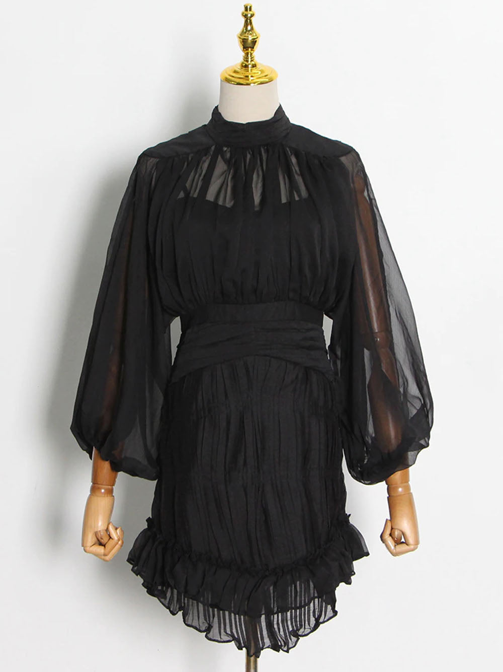 Black Mock Neck Sheer Chiffon Balloon Sleeve Ruched Ruffle Hem Mini Dress