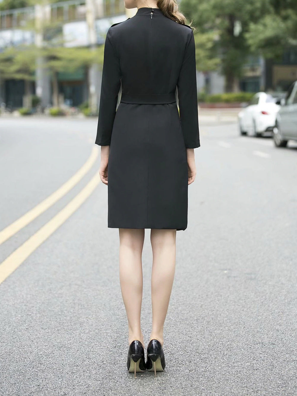 Black Stand Collar Long Sleeve Phoenix Embroidery Belted Asymmetrical Midi Dress 4
