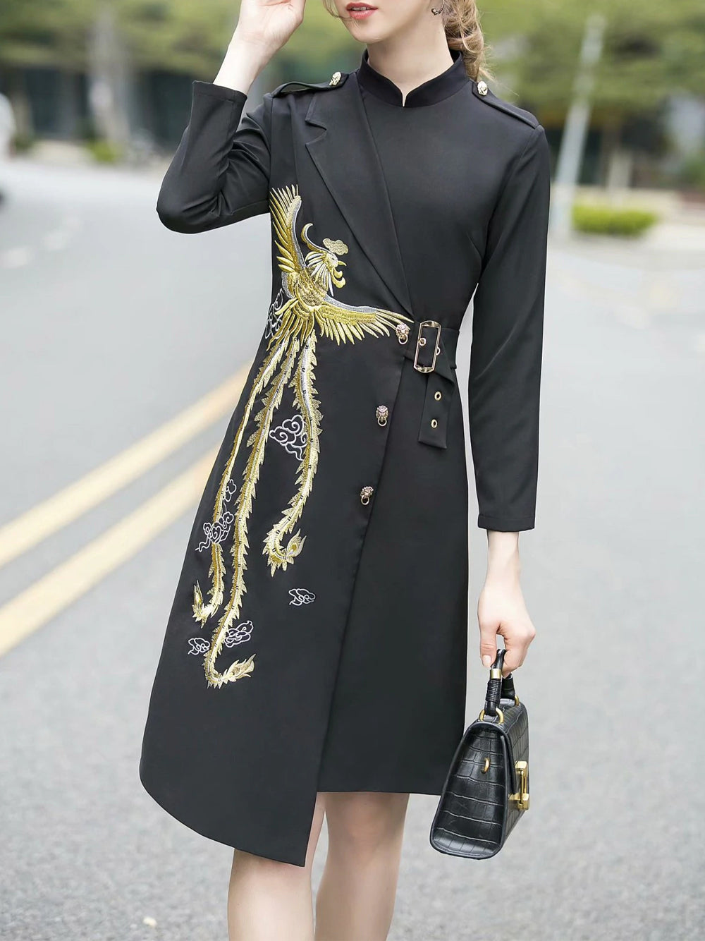 Black Stand Collar Long Sleeve Phoenix Embroidery Belted Asymmetrical Midi Dress 3