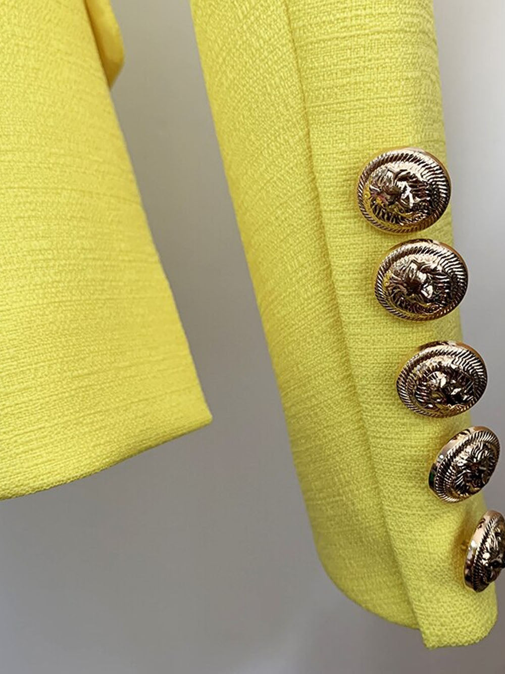 Yellow Peak Lapel Double Breasted Gold Button Textured Blazer