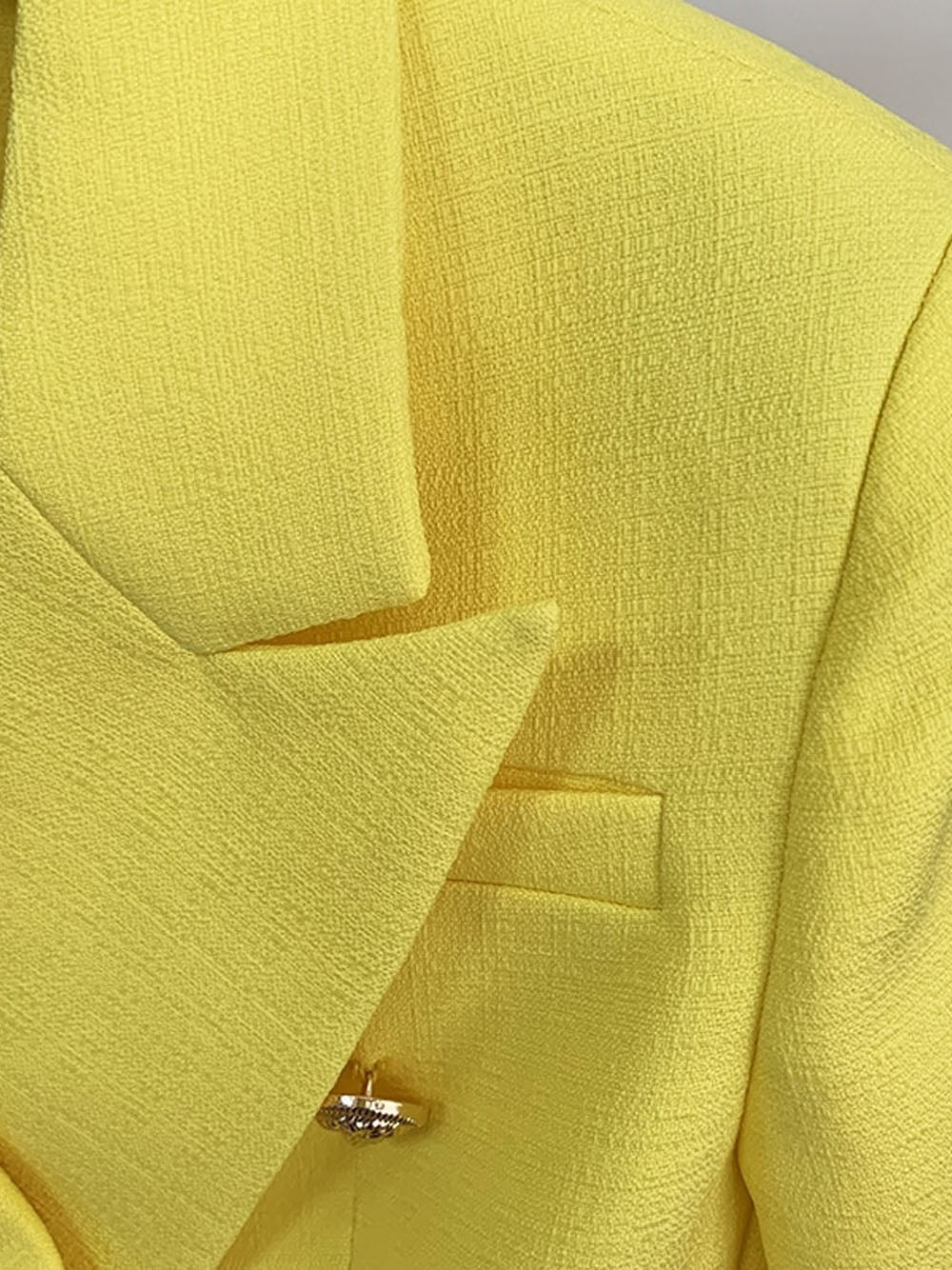 Yellow Peak Lapel Double Breasted Gold Button Textured Blazer
