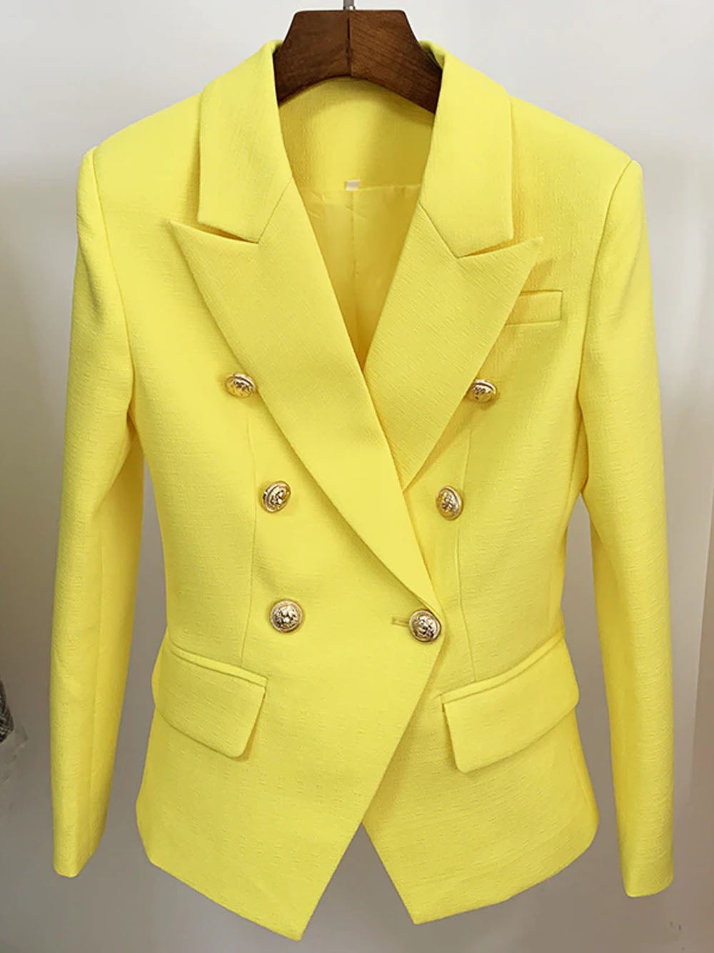 Yellow Peak Lapel Double Breasted Gold Button Textured Blazer