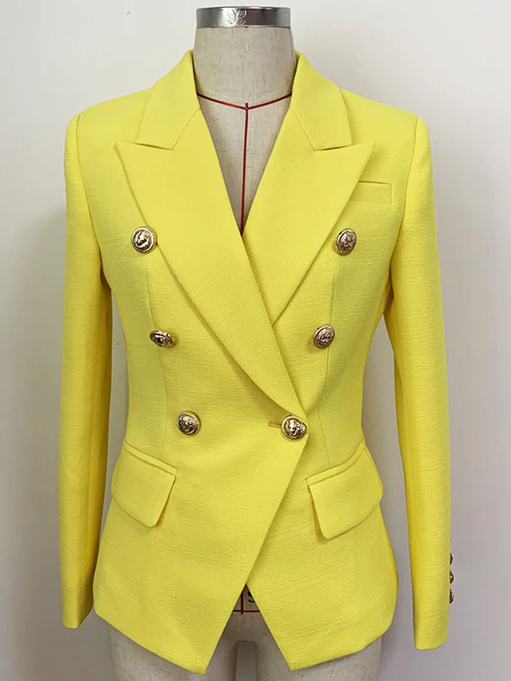 Yellow Peak Lapel Double Breasted Gold Button Textured Blazer