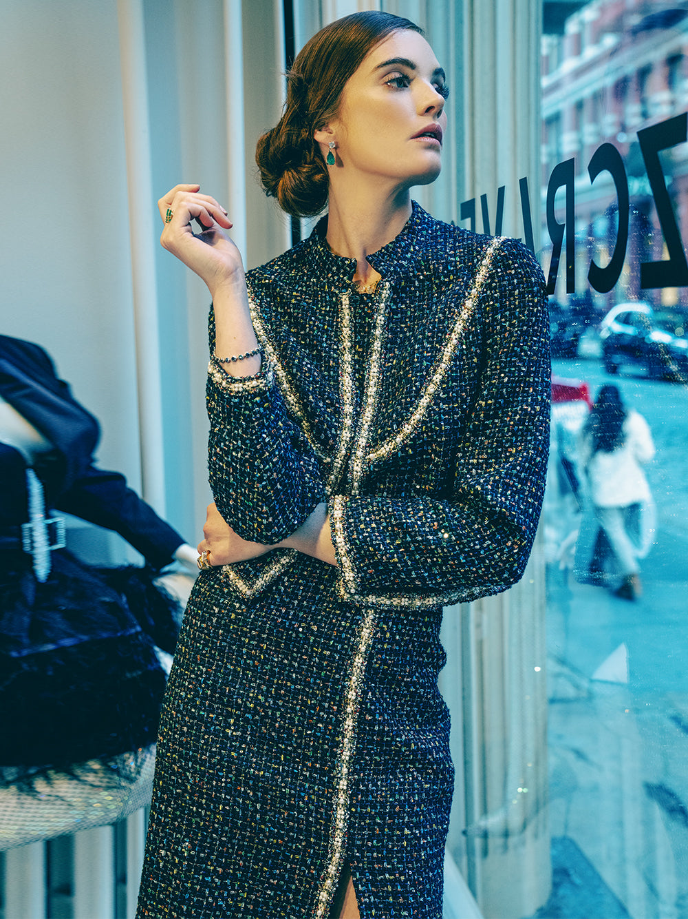 Multicolor Contrast Trim Tweed Cropped Jacket And Skirt Set 3