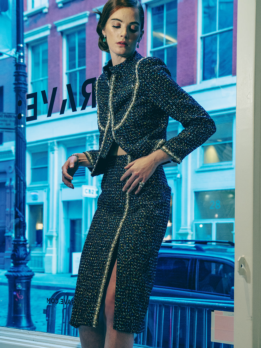 Multicolor Contrast Trim Tweed Cropped Jacket And Skirt Set