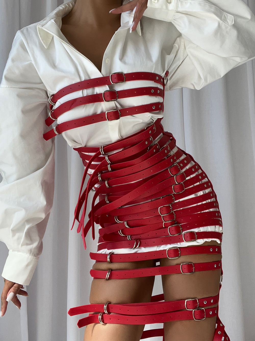 Red Multi Strap Buckle Belt Cage Harness Skirt