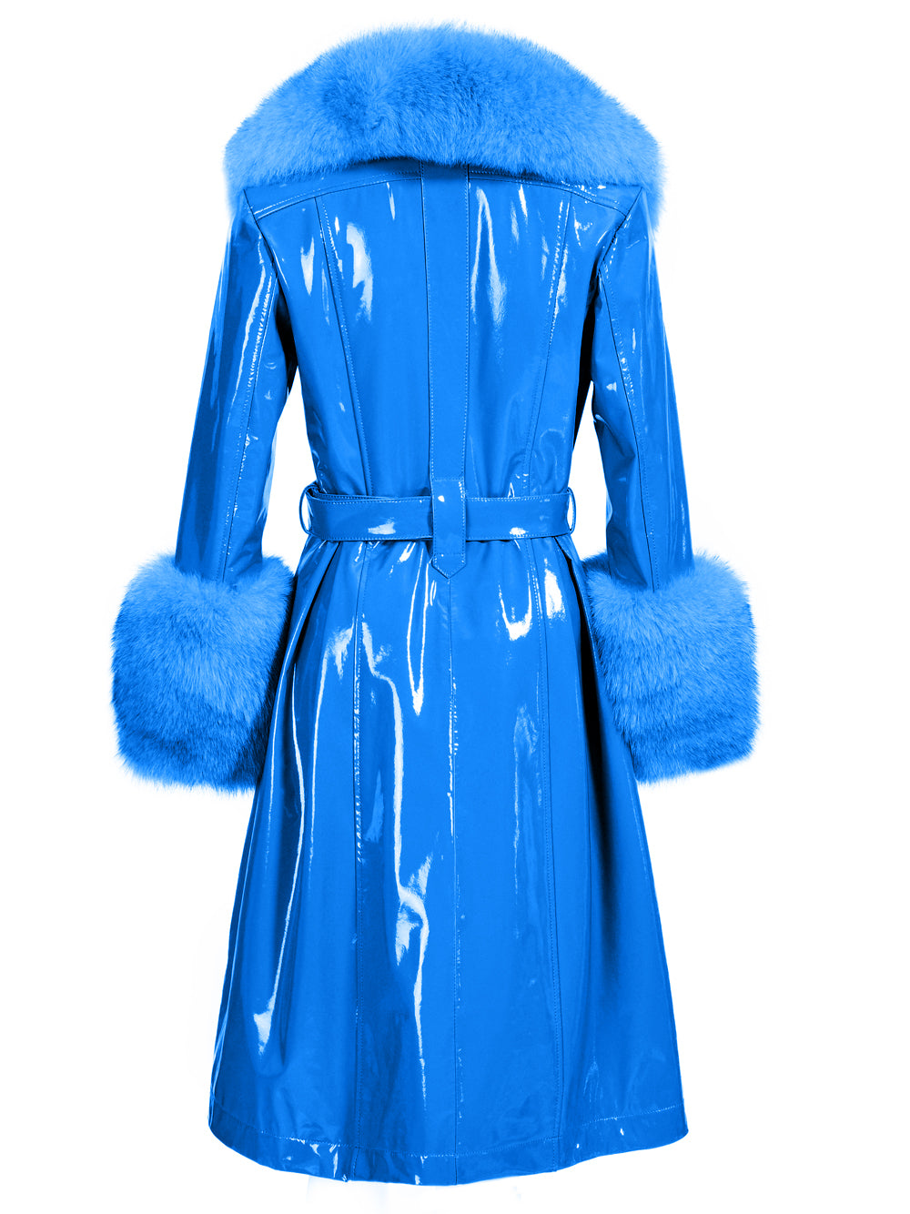 Blue Fox Fur Collar Cuff Belted Patent Leather Coat 12