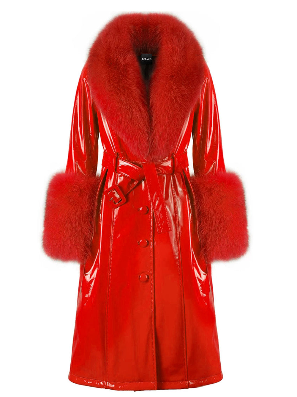 Red Fur Collar Patent Leather Belted Button Front Long Coat 12