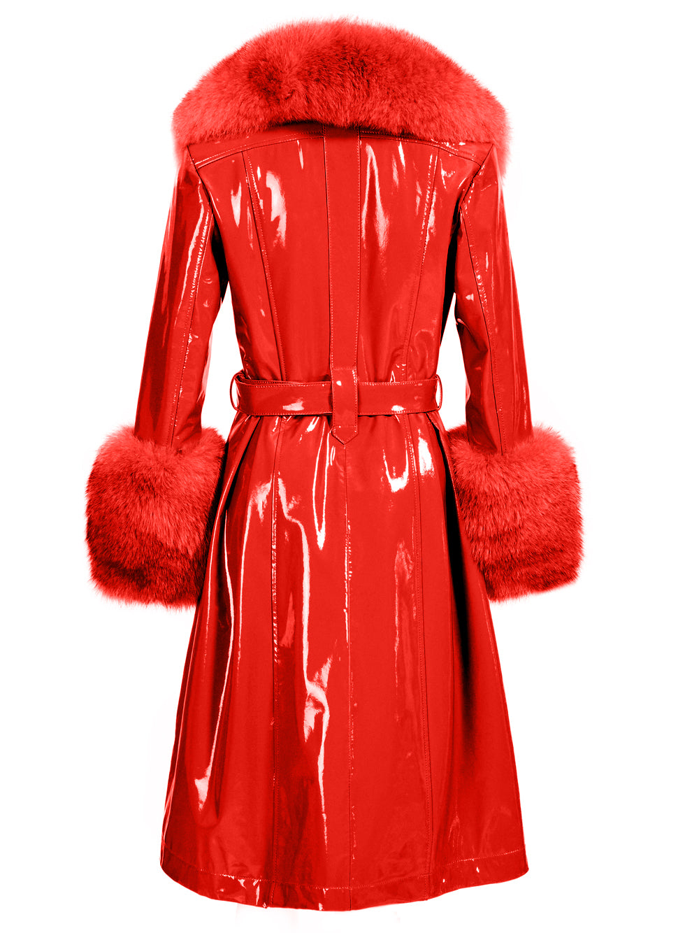 Red Fur Collar Patent Leather Belted Button Front Long Coat 13