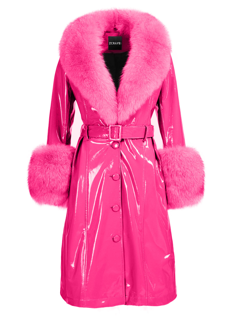 Fuchsia Fur Collar Fur Cuff Button-Up Belted Patent Leather Coat 3