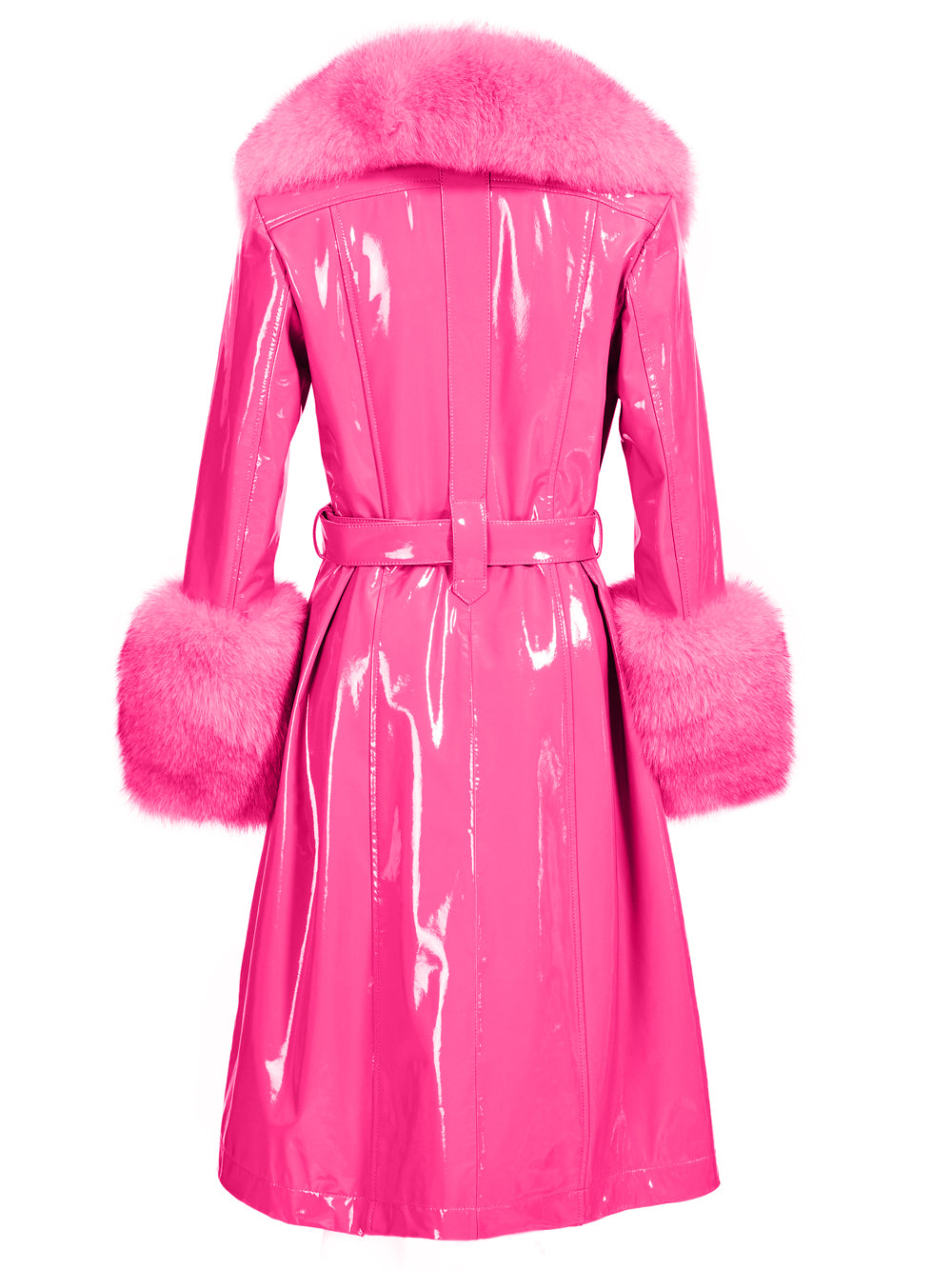 Fuchsia Fur Collar Fur Cuff Button-Up Belted Patent Leather Coat 4