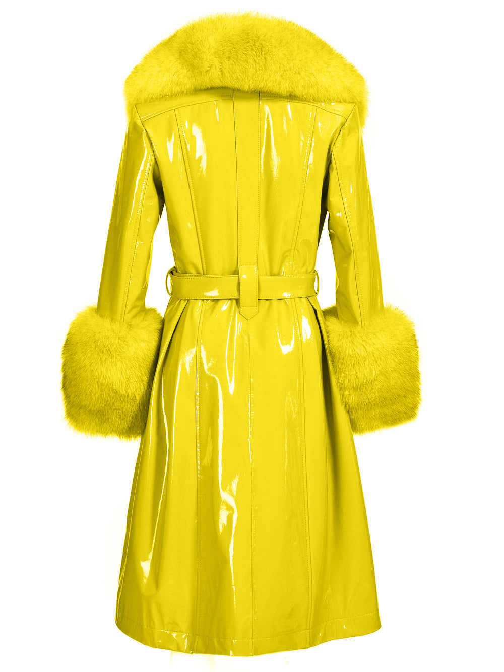 Yellow Fur Collar Patent Leather Belted Button Front Long Coat 10