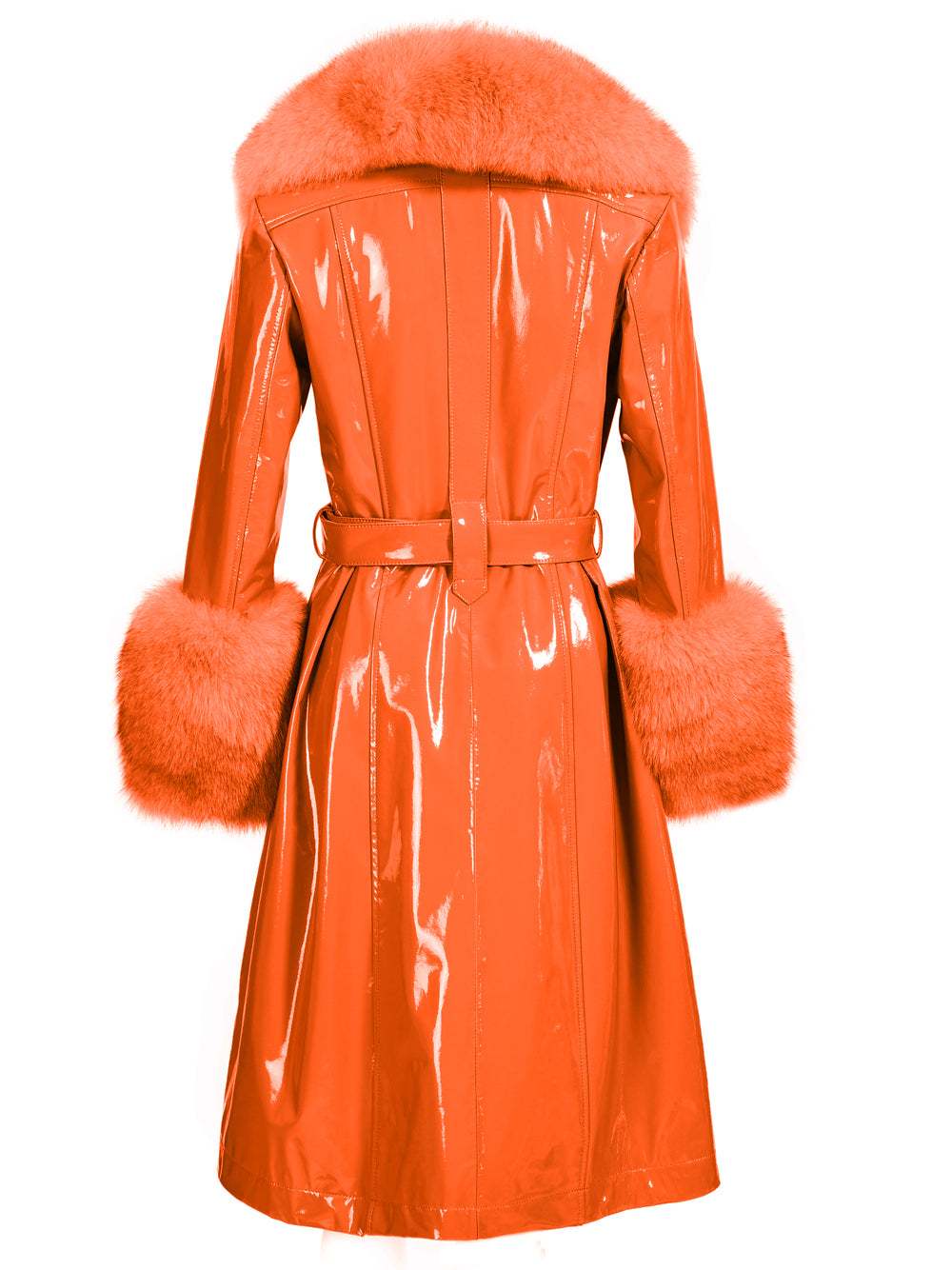 Orange Fur Collar Fur Cuff Belted Patent Leather Trench Coat 26